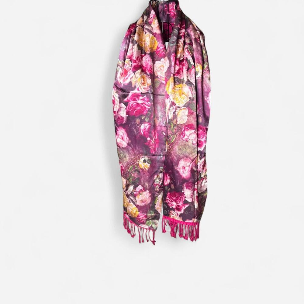 Luxury 100% Mulberry Silk Rose Floral Graphic Print Pashmina Scarf Fringe Trim